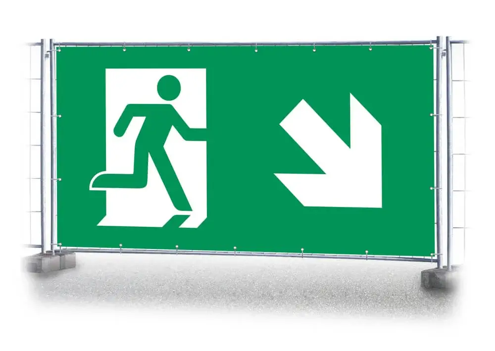 Bauzaunbanner Notausgang rechts abwärts